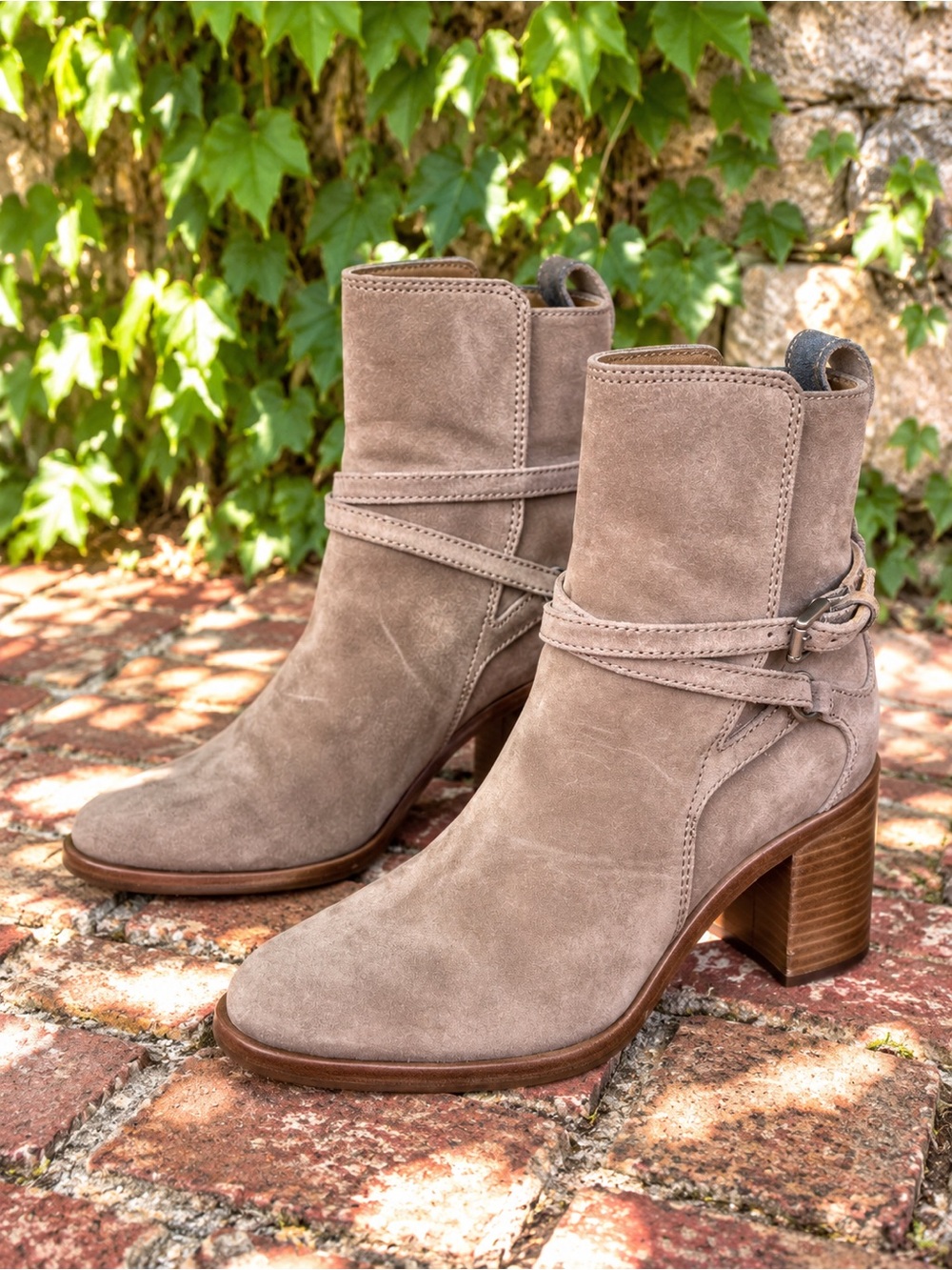 RAG & BONE Tan Suede Double Buckle Coastal Cowgirl Harness Ankle Boots, 36
